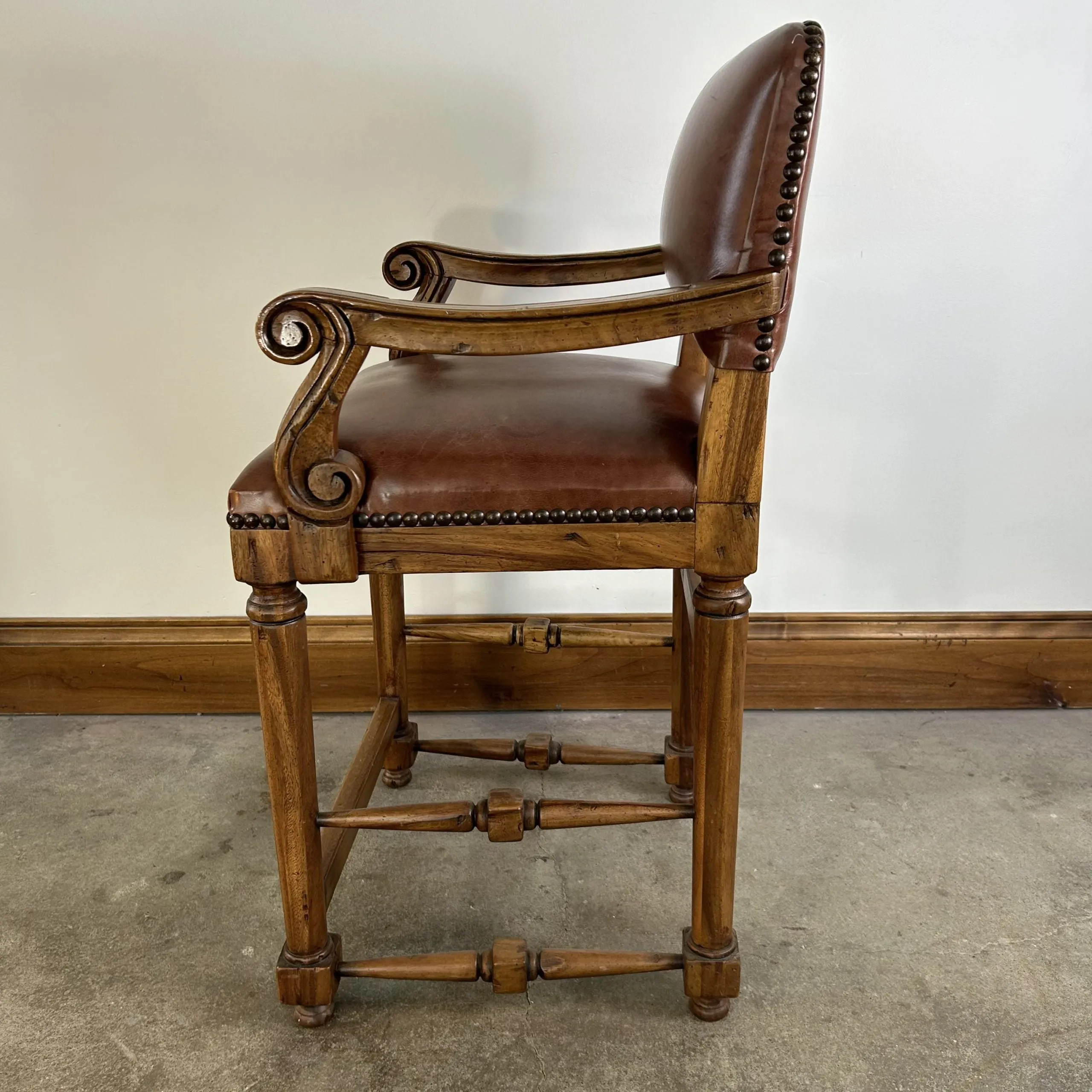 Bar Stool, Bovine Leather, Brown, Bronze Nailheads