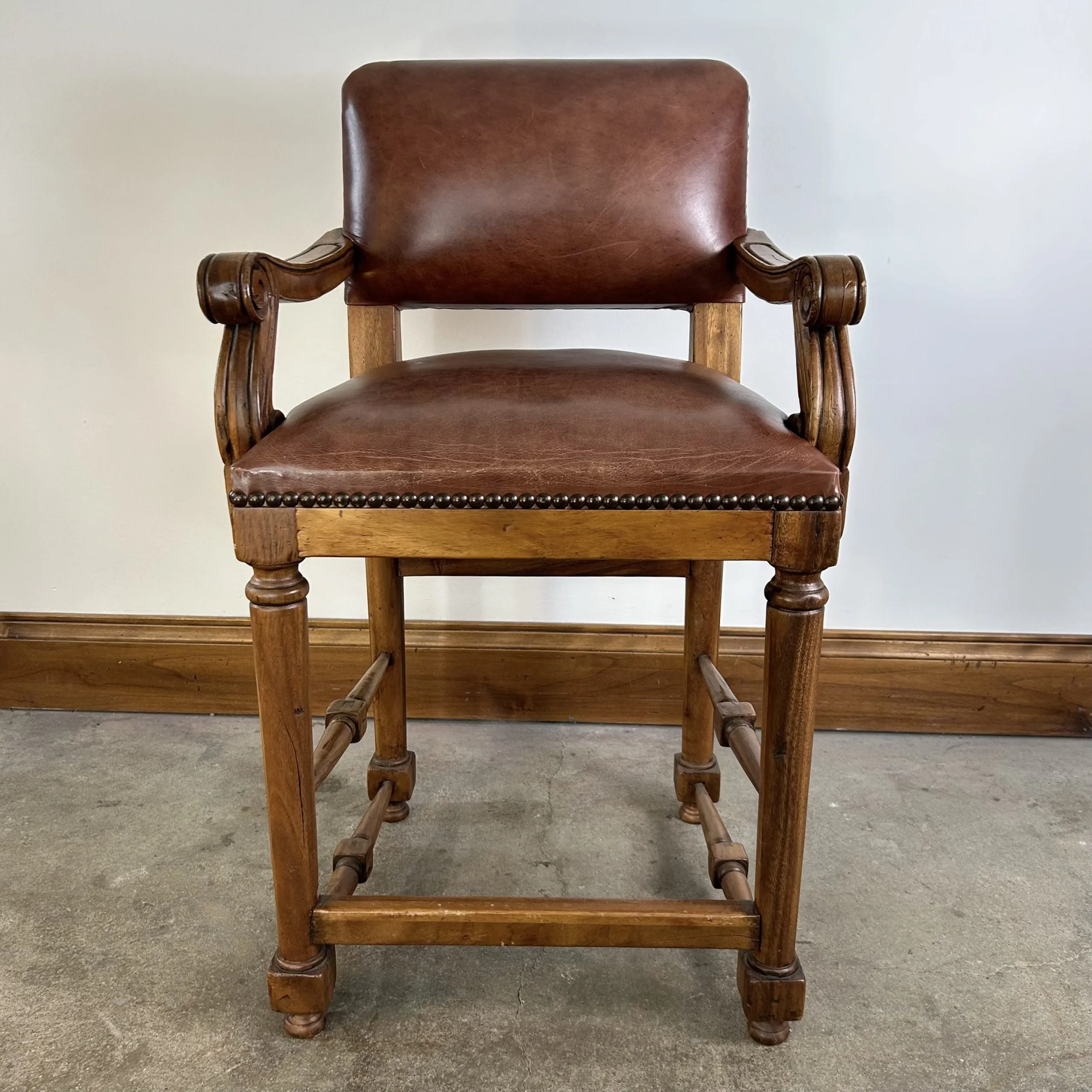 Bar Stool, Bovine Leather, Brown, Bronze Nailheads