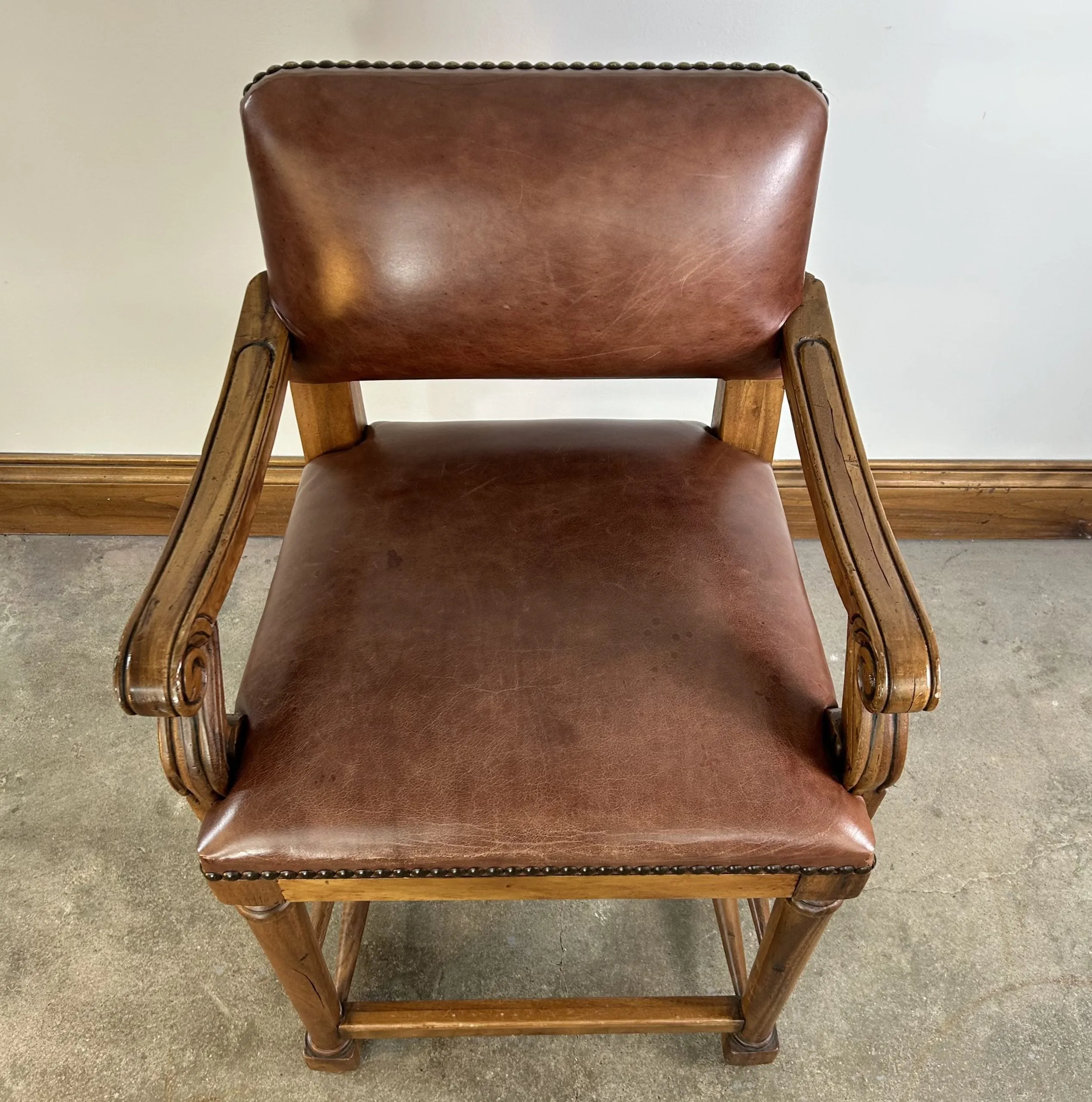Bar Stool, Bovine Leather, Brown, Bronze Nailheads