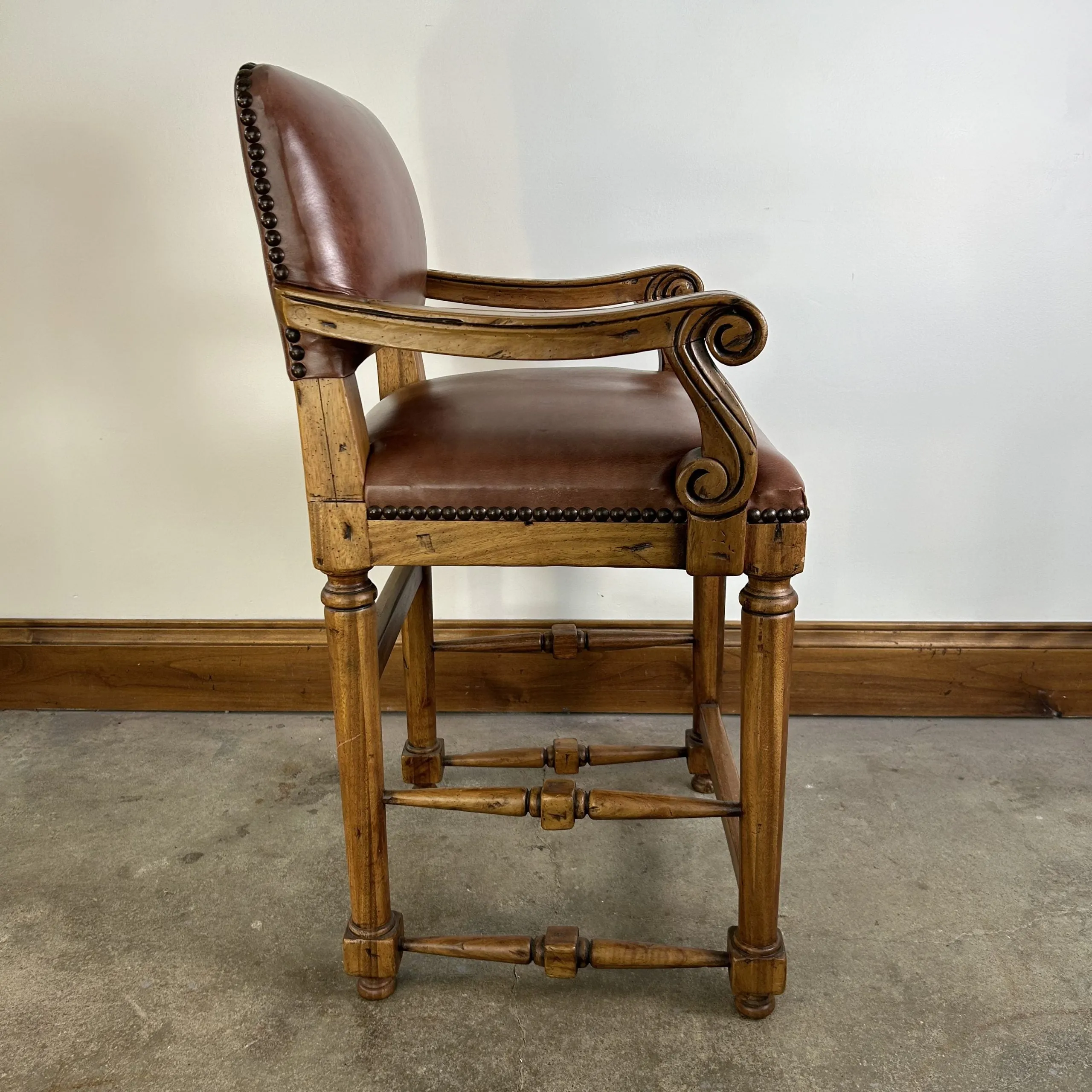 Bar Stool, Bovine Leather, Brown, Bronze Nailheads