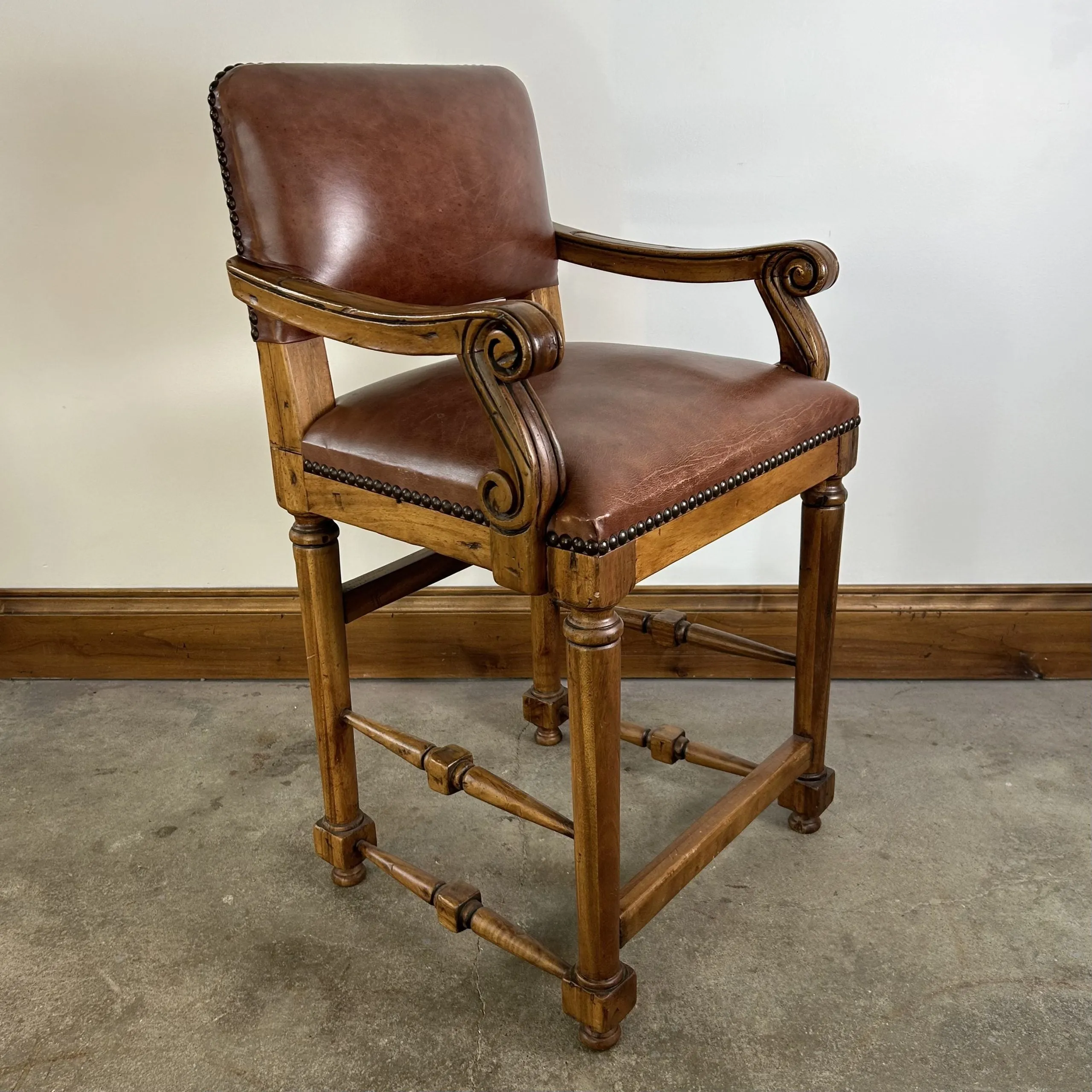 Bar Stool, Bovine Leather, Brown, Bronze Nailheads