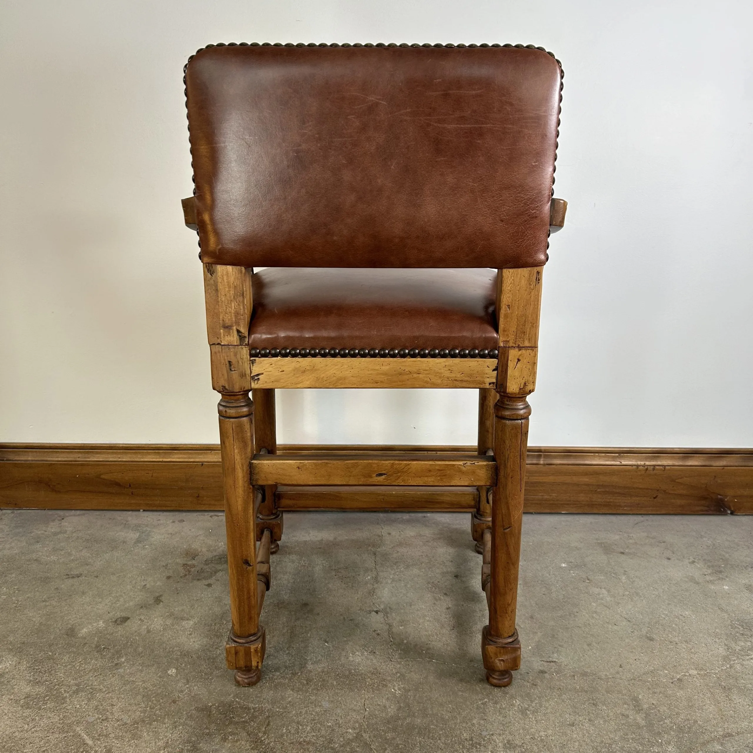 Bar Stool, Bovine Leather, Brown, Bronze Nailheads