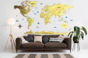 Elk 3D Wooden World Map Wall Decor - Metallic Royal Gold Color - Perfect Living room Wall Decor for Travel Enthusiasts