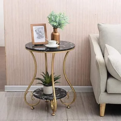 NAMRA ARTS Round Side Table with Gold Metal Frame, 2 Tier Coffee, Living Room Bedroom 19.68''x24.8'' (Golden Pathi Black)