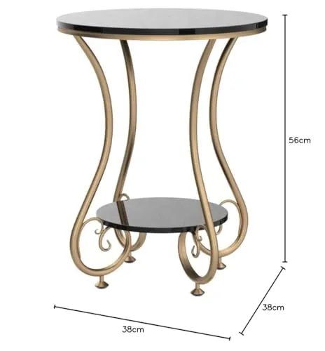 NAMRA ARTS Round Side Table with Gold Metal Frame, 2 Tier Coffee, Living Room Bedroom 19.68''x24.8'' (Golden Pathi Black)