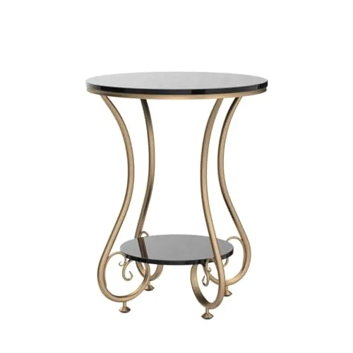 NAMRA ARTS Round Side Table with Gold Metal Frame, 2 Tier Coffee, Living Room Bedroom 19.68''x24.8'' (Golden Pathi Black)