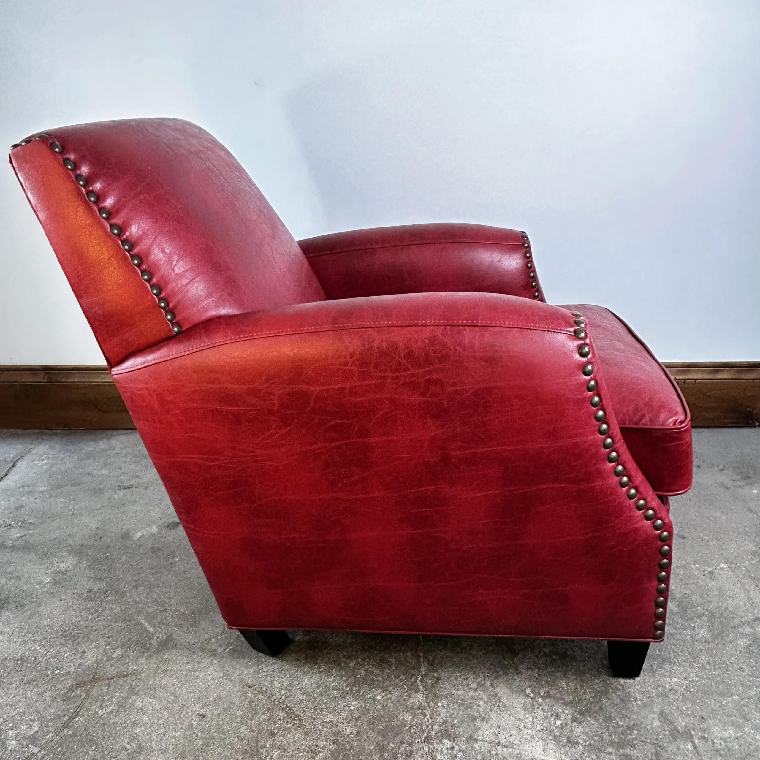 Red Faux Leather Club Chair, Bronze Nailheads