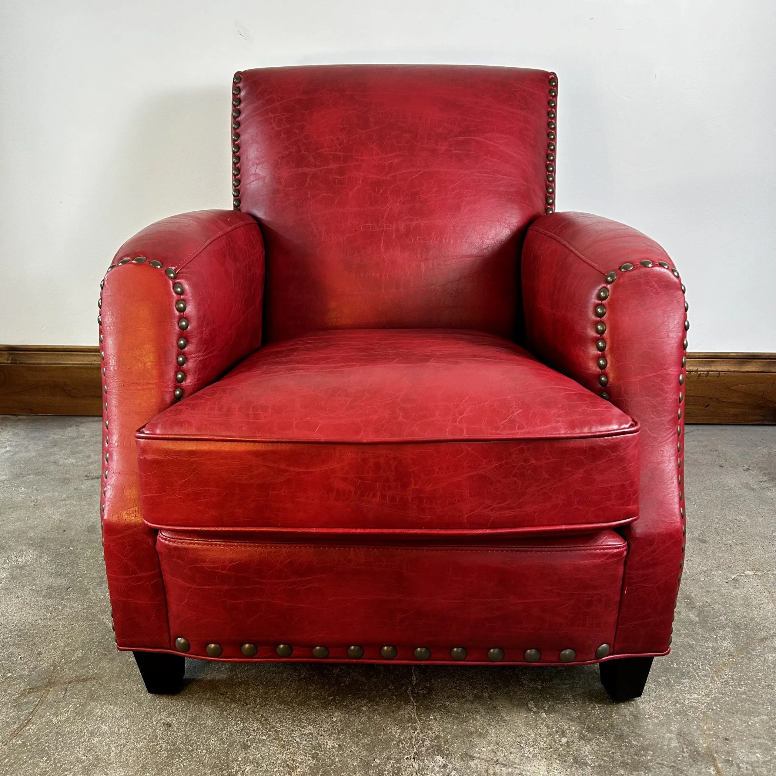 Red Faux Leather Club Chair, Bronze Nailheads