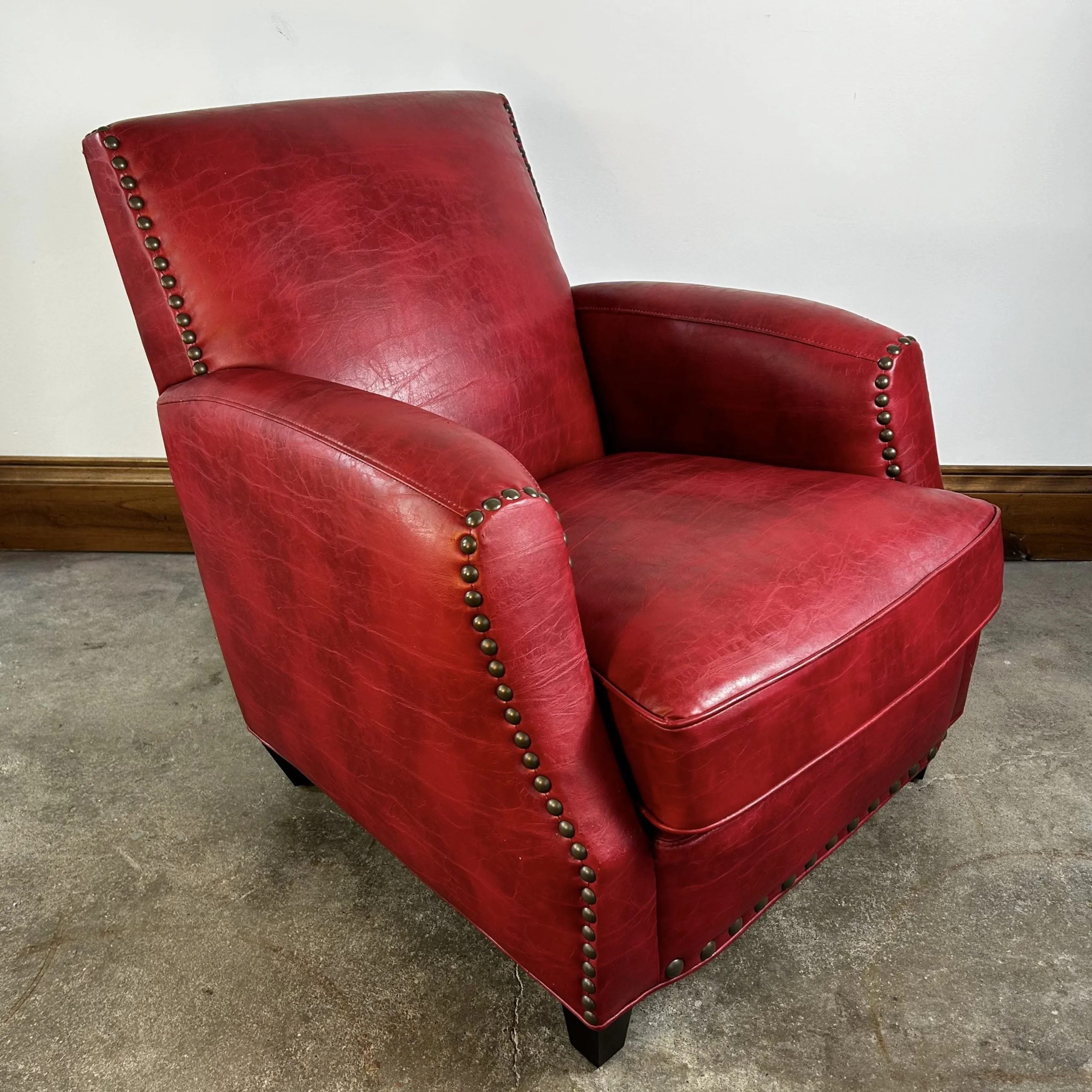 Red Faux Leather Club Chair, Bronze Nailheads