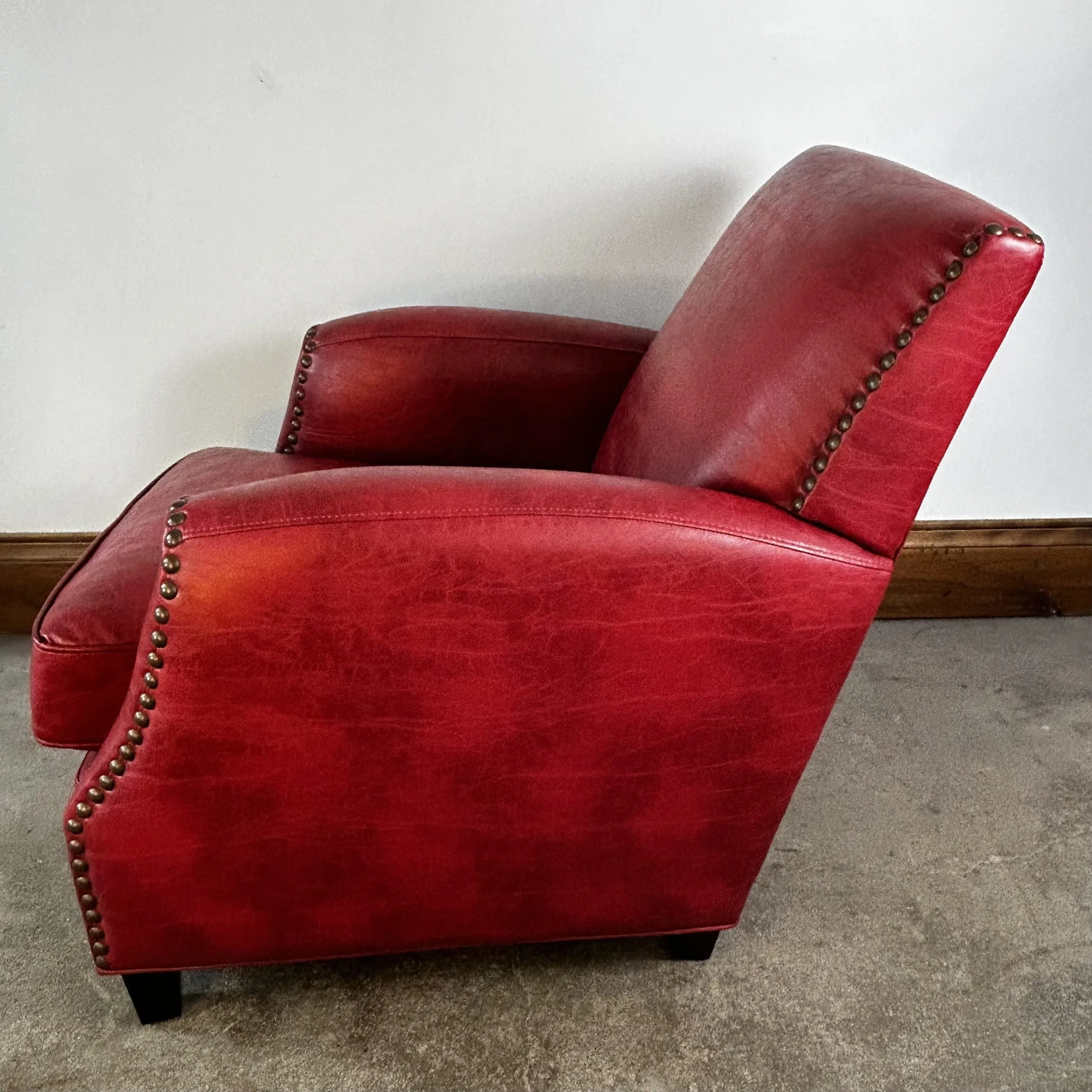 Red Faux Leather Club Chair, Bronze Nailheads
