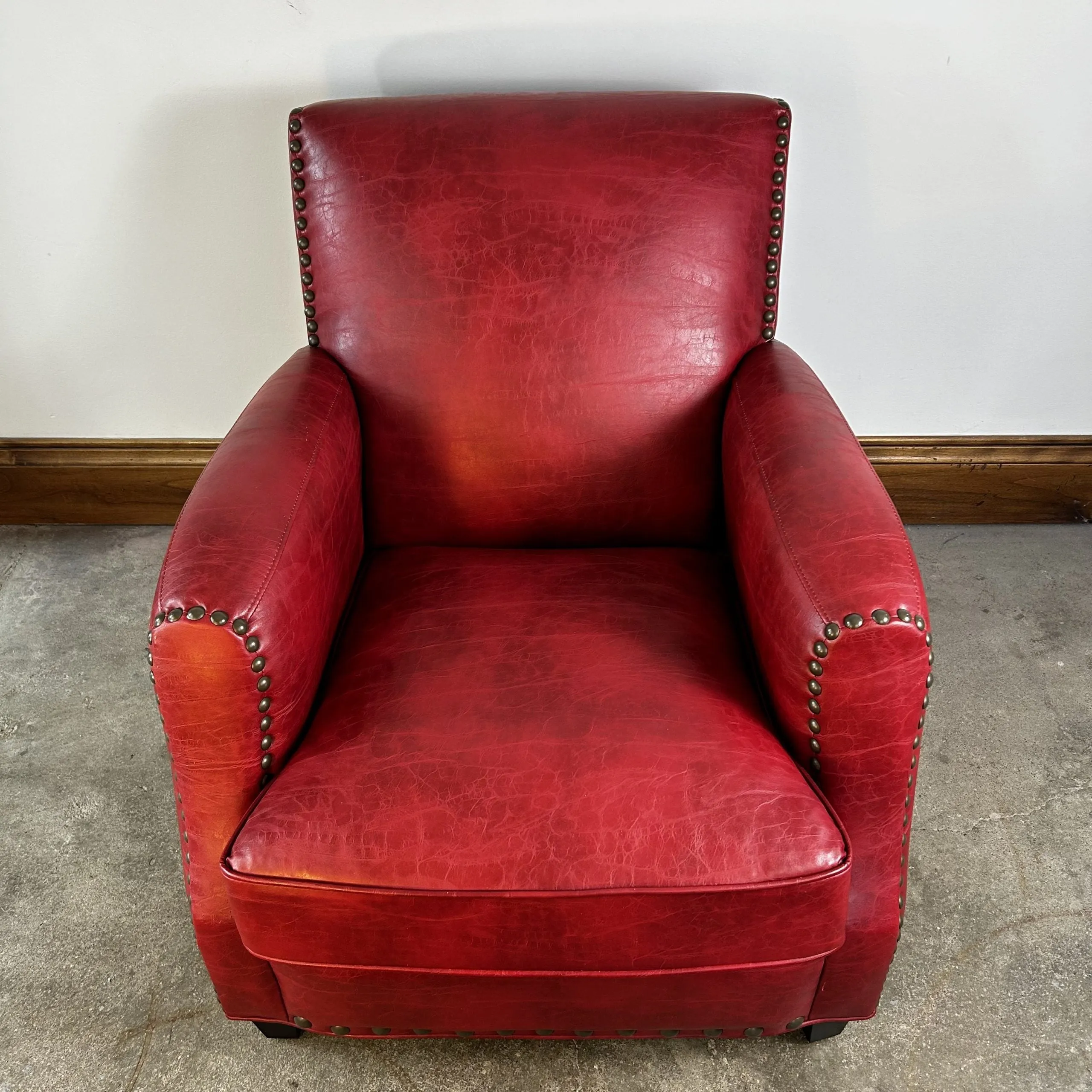 Red Faux Leather Club Chair, Bronze Nailheads