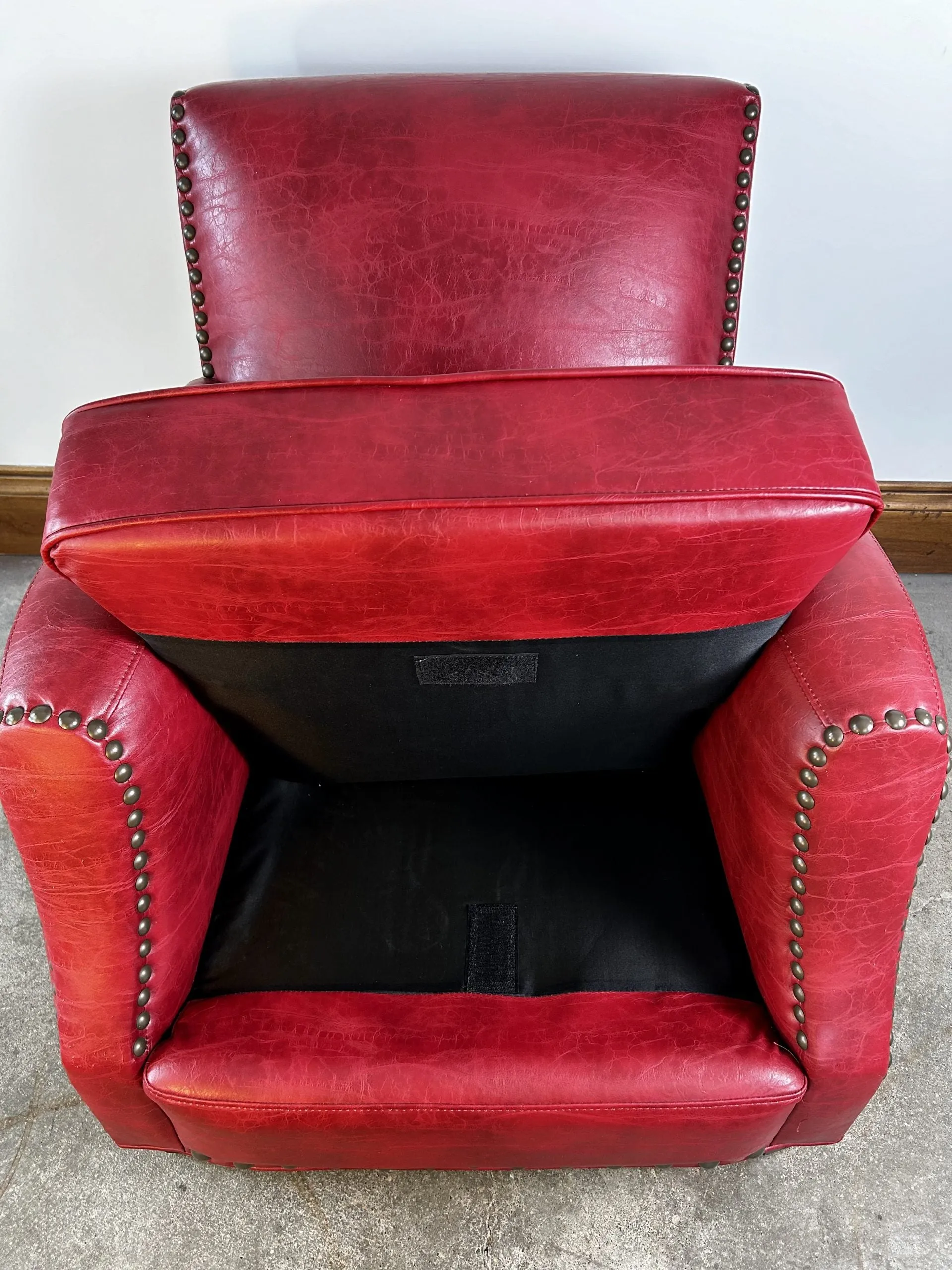 Red Faux Leather Club Chair, Bronze Nailheads