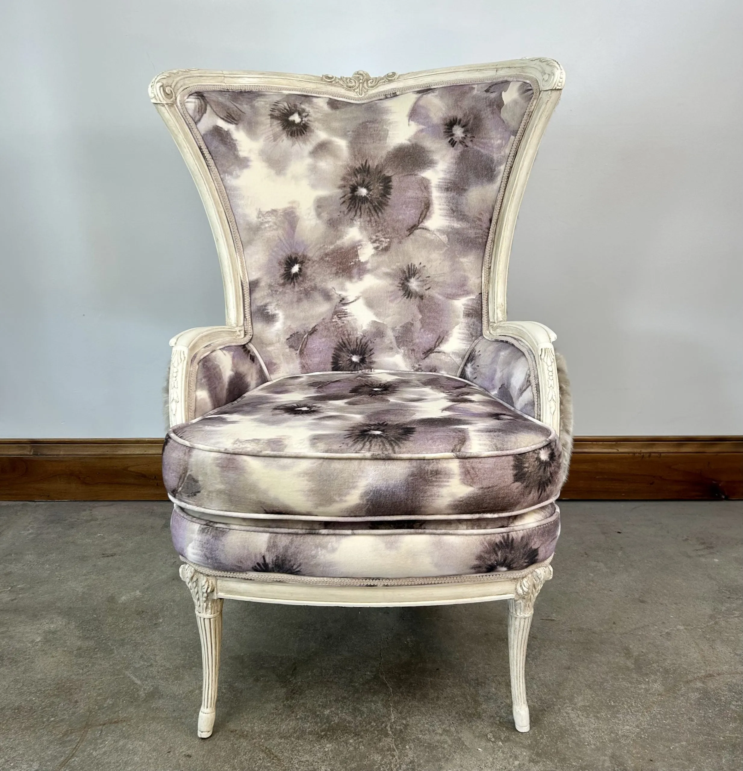 Upholstered Lounge Accent Chair, High Back, Floral Print, Lavender, Faux Fur Sides, Back, 2 Available