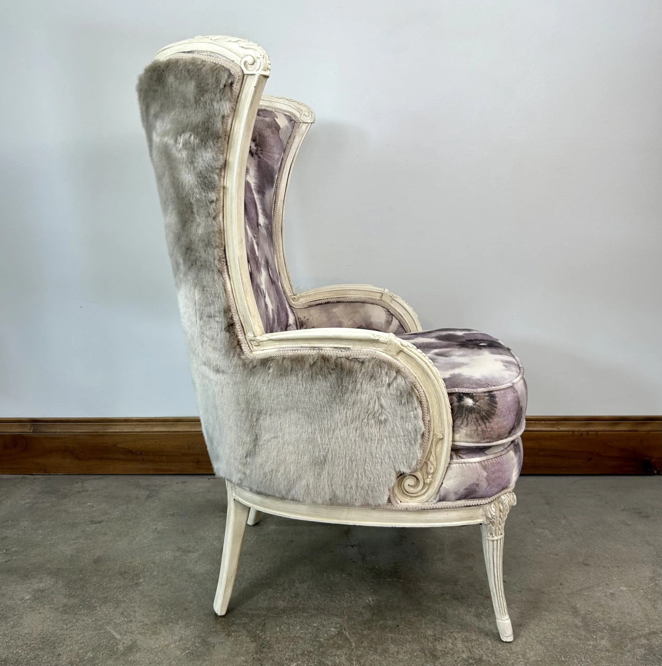 Upholstered Lounge Accent Chair, High Back, Floral Print, Lavender, Faux Fur Sides, Back, 2 Available