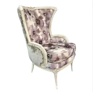 Upholstered Lounge Accent Chair, High Back, Floral Print, Lavender, Faux Fur Sides, Back, 2 Available
