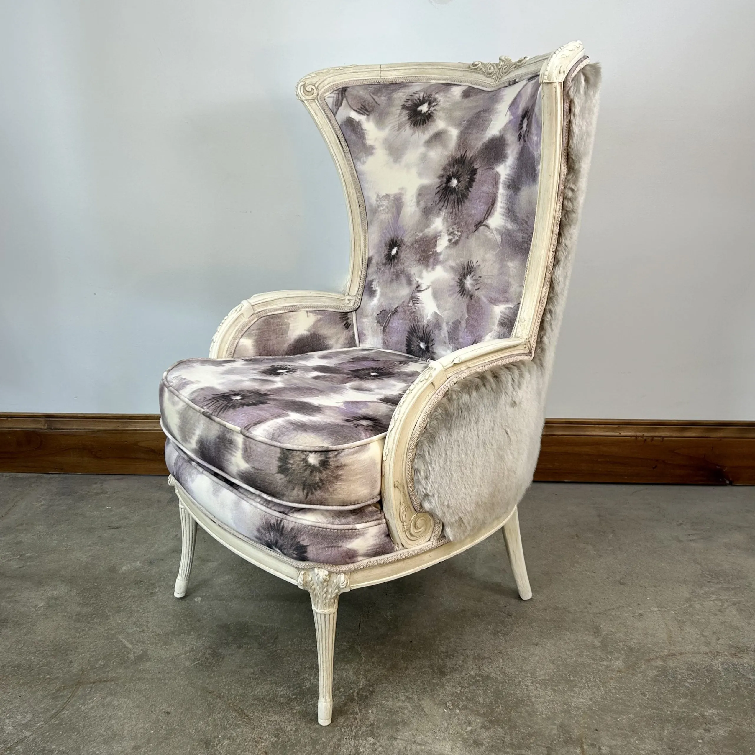 Upholstered Lounge Accent Chair, High Back, Floral Print, Lavender, Faux Fur Sides, Back, 2 Available