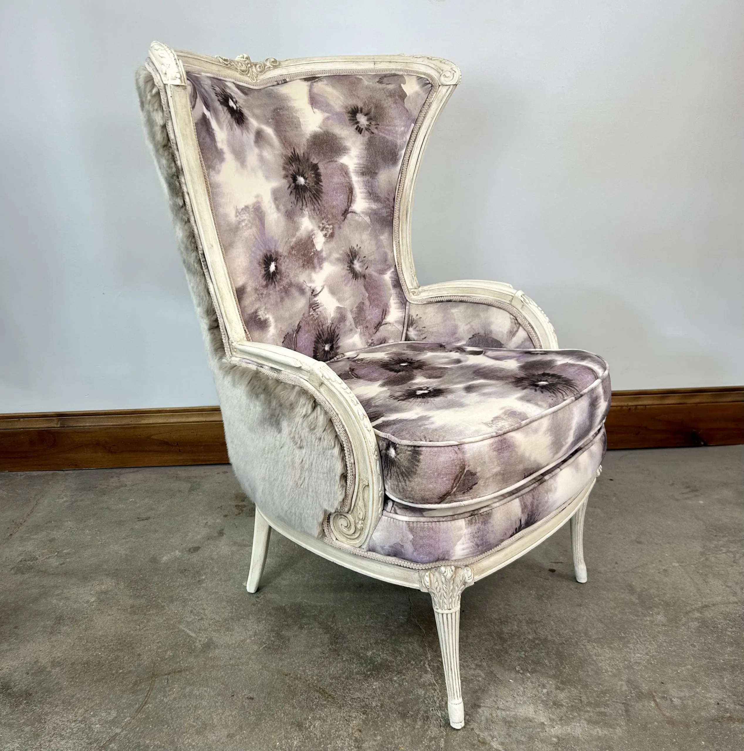 Upholstered Lounge Accent Chair, High Back, Floral Print, Lavender, Faux Fur Sides, Back, 2 Available