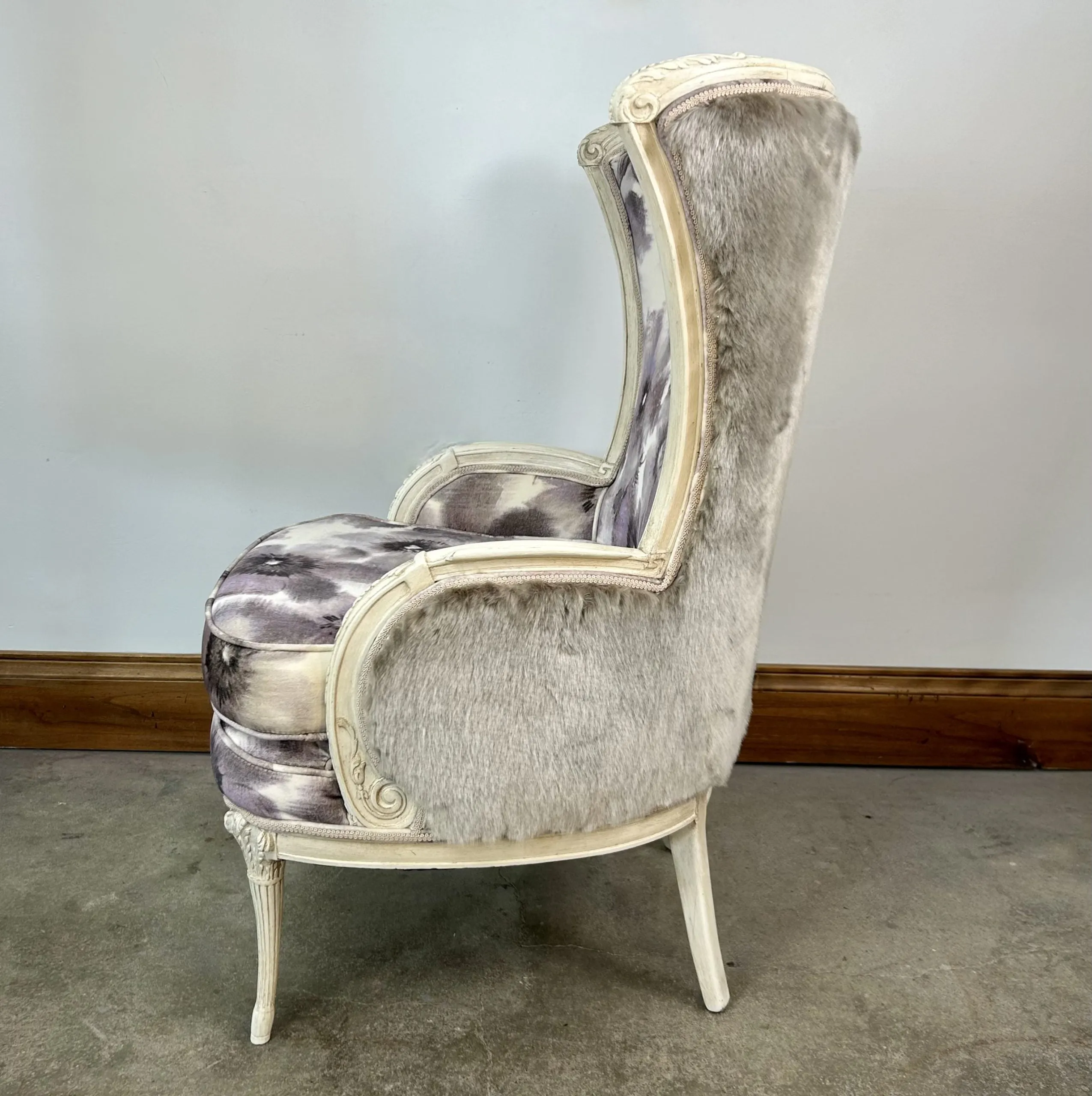 Upholstered Lounge Accent Chair, High Back, Floral Print, Lavender, Faux Fur Sides, Back, 2 Available